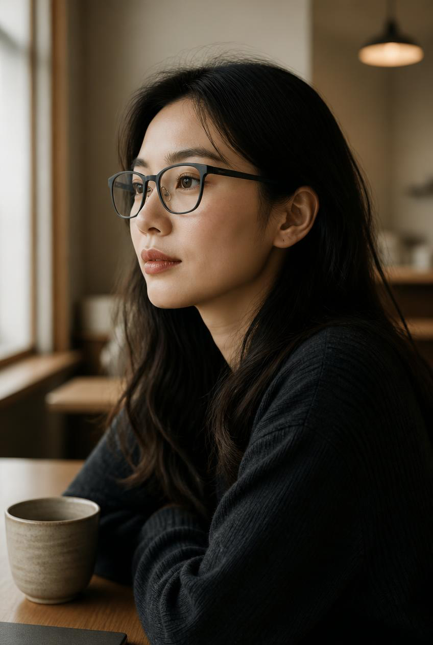 A person wearing OBEING One smart glasses in a cafe